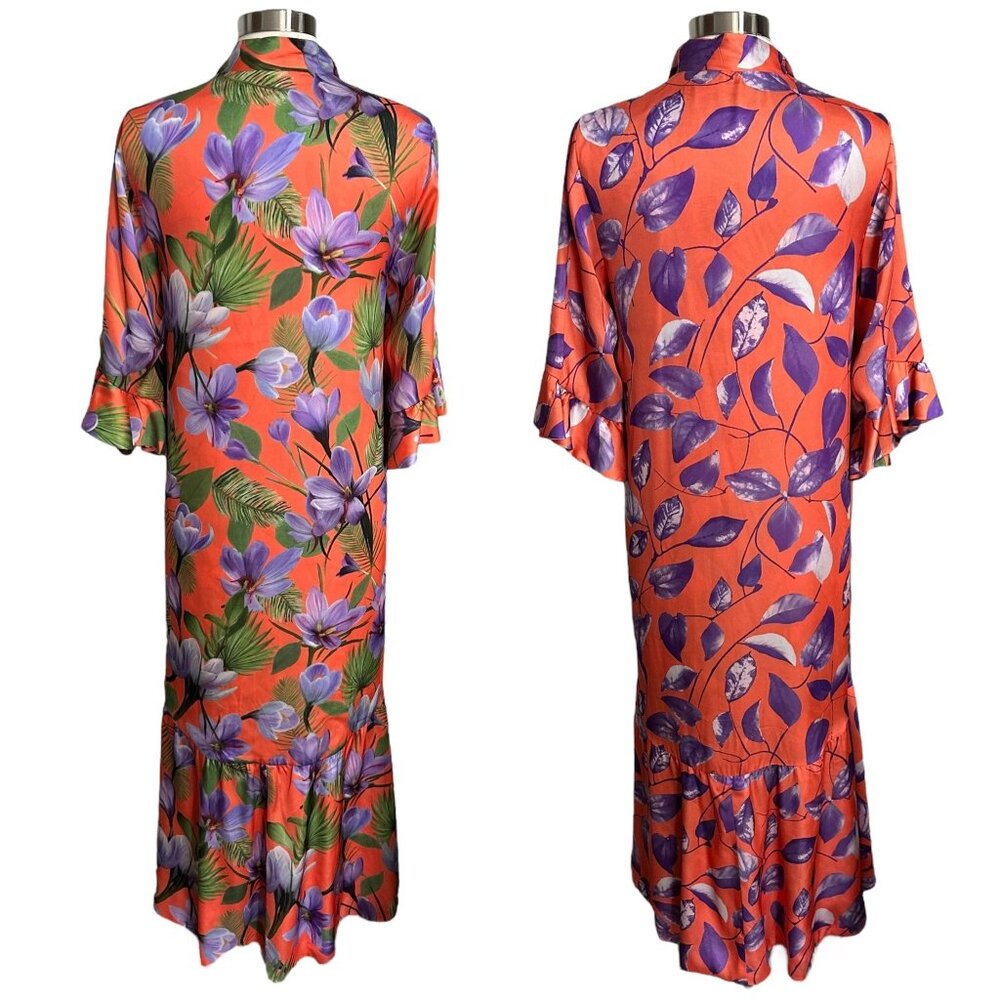 Alice + Olivia M Dandi Reversible Long Floral Palm Coral Ruffle Kimono Duster